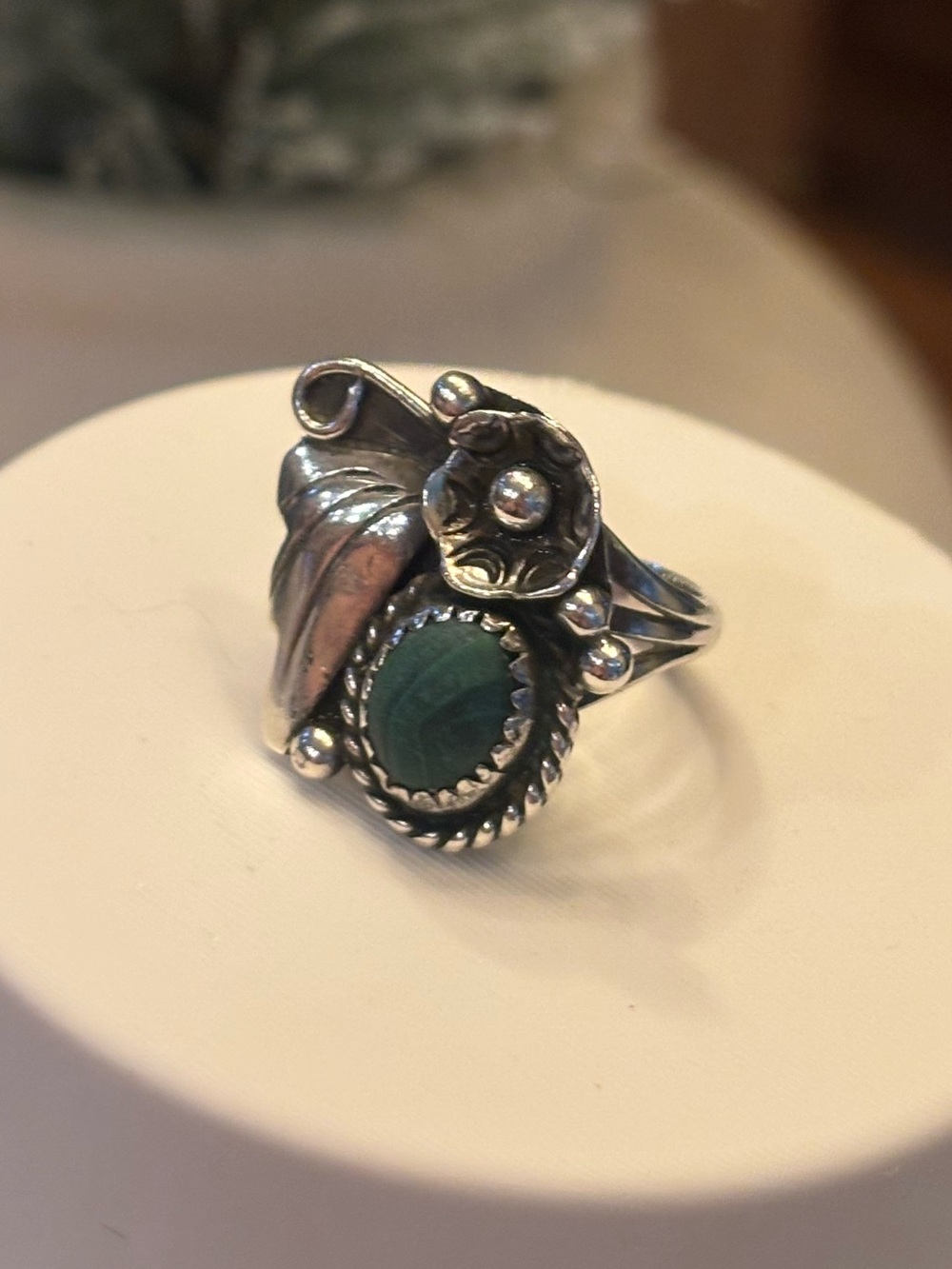 Vintage Sterling Silver Malachite Ring Size 6.5 Southwest Floral Leaf Fine 5g - Picture 2 of 10